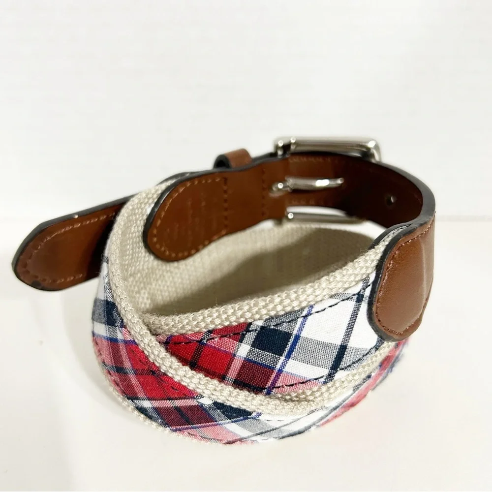 Unbranded Faux Leather and Plaid on Cotton Canvas Webbed Belt Square Belt Buckle
